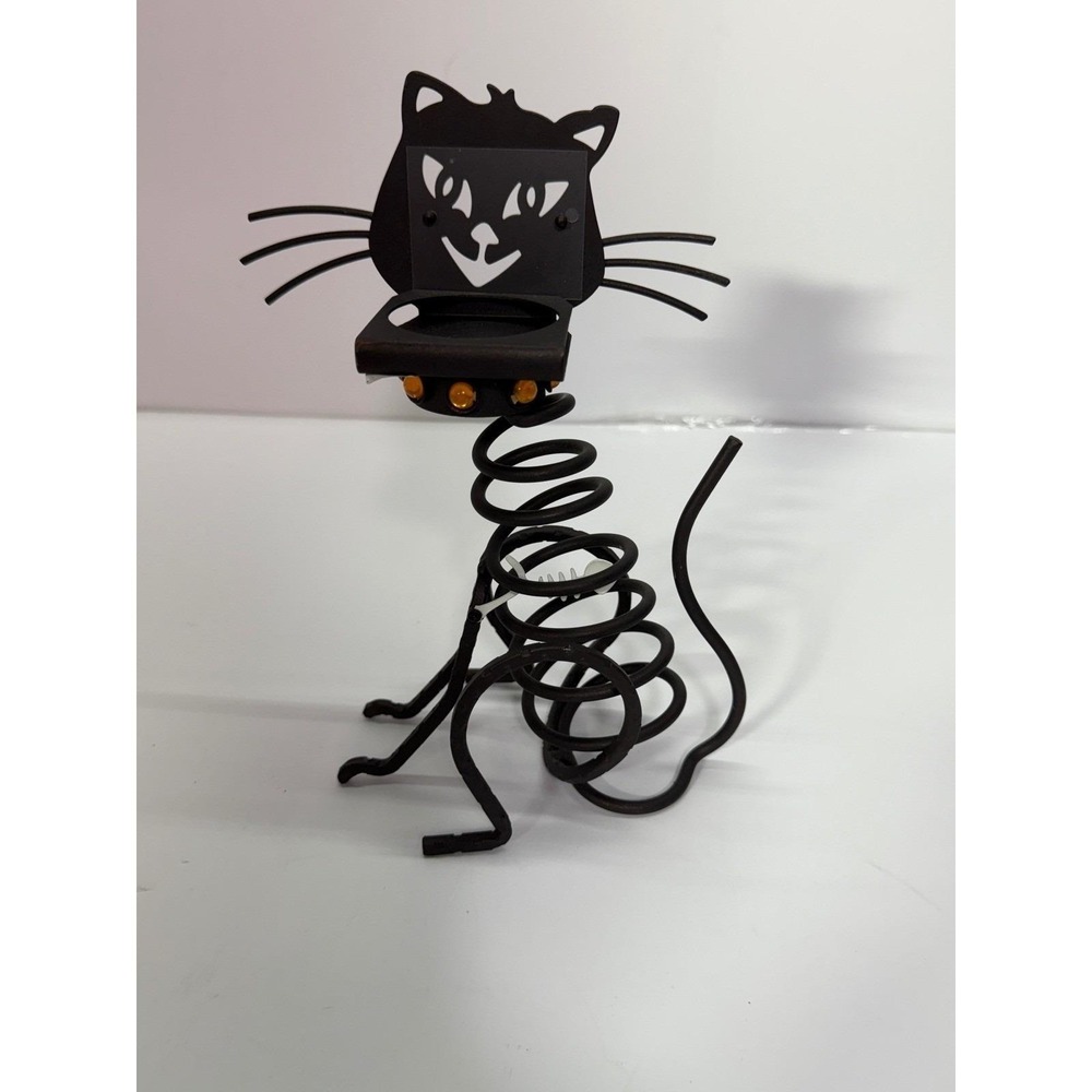Black Metal Spring Cat Figurine Bobble Head Tea Light Candle Holder Fish Charm - Picture 2 of 10